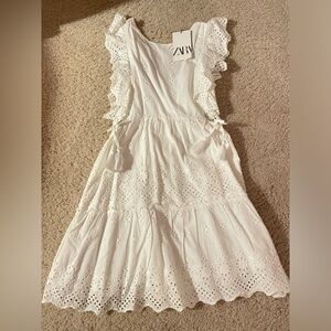 Zara white eyelet ruffle cotton mini dress